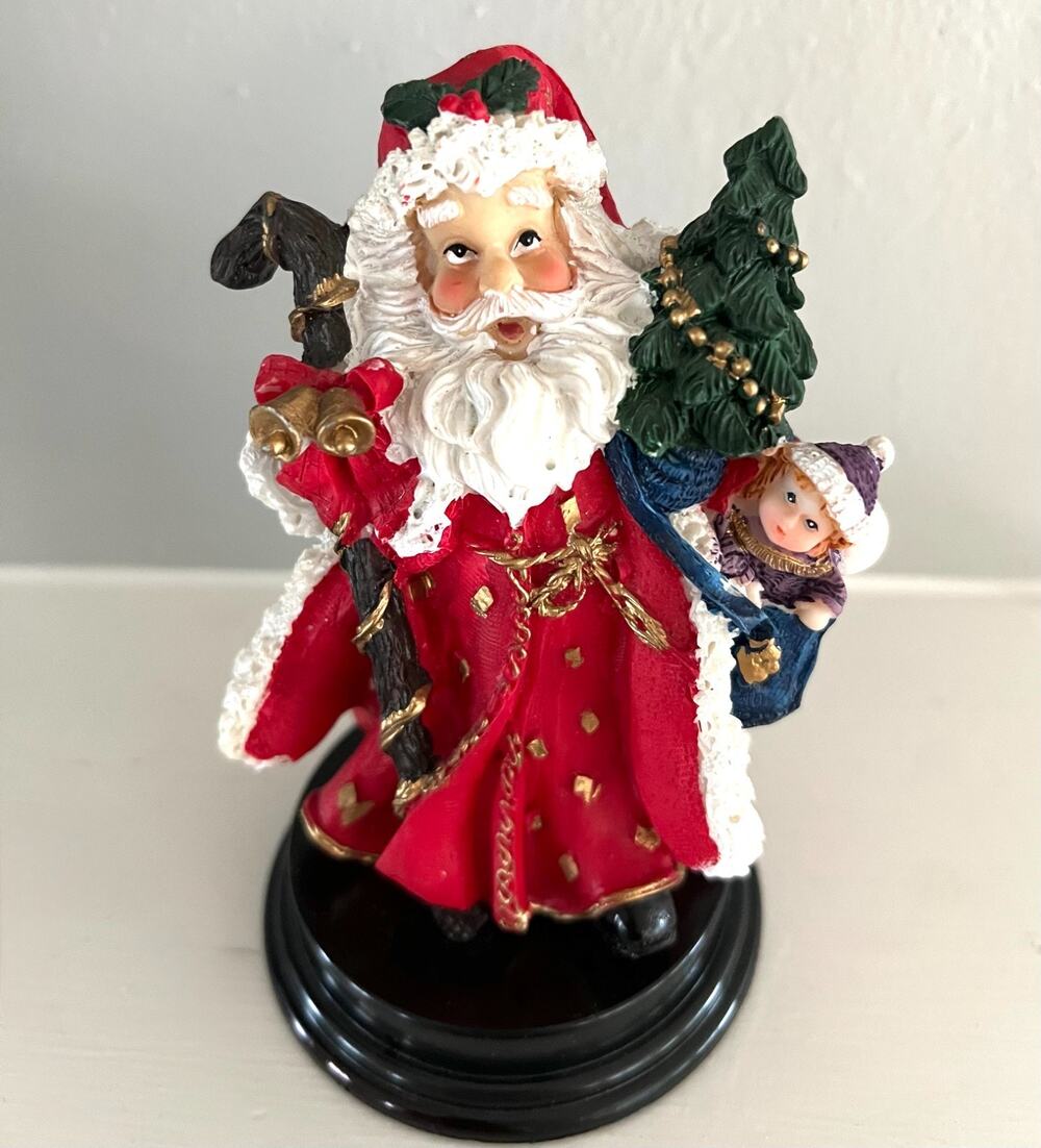 5" Santa Claus Holding Staff, Bells, Tree & Doll Figurine - Excellent Condition!